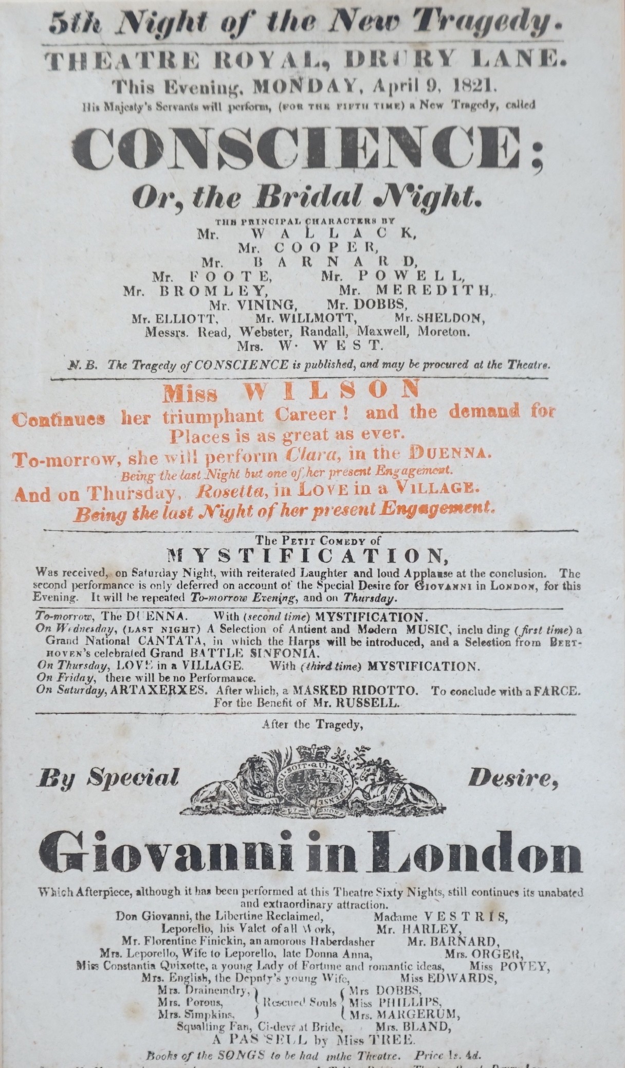 'Conscience; Or The Bridal Night’, Theatre Royal, Drury Lane, April 9, 1821, a framed theatre billboard poster, 32x18cm excl frame
